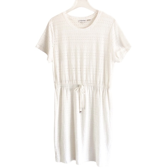 Calvin Klein White Eyelet Embroidered Elastic Waist Short Sleeve Dress Large - Picture 1 of 7